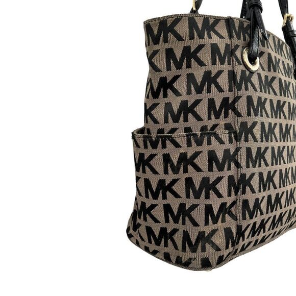 Michael Kors Jet Set Black & Tan Monogram Signature MK Tote Bag - Picture 6 of 16